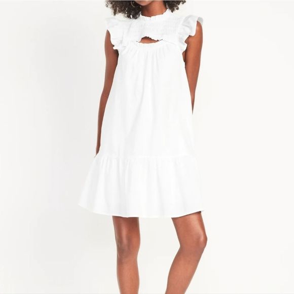 Old Navy Dresses & Skirts - 0898 Flutter-Sleeve Cotton-Poplin Smocked Cut-Out Mini Swing Dress Size Small